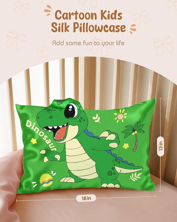 Toddler Pillowcases 13"x18" for Kids - Cute Cartoon Soft Breathable Silk Pillow Cases for Hair and Skin with Hidden Zipper for Girls Fun Kawaii Design for Bedding, Green Dnosaur