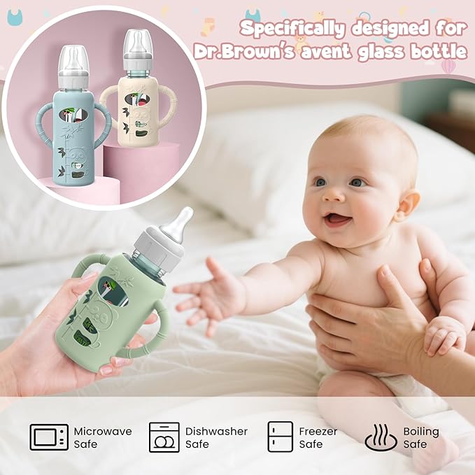 3 PCS Dr Brown Glass Bottles Silicone Sleeves, Compatible with Dr Browns Glass Bottles 4 oz, Anti-Drop Dr Brown Baby Bottles Sleeves with Handles, Heat-Insulating and Easy to Clean