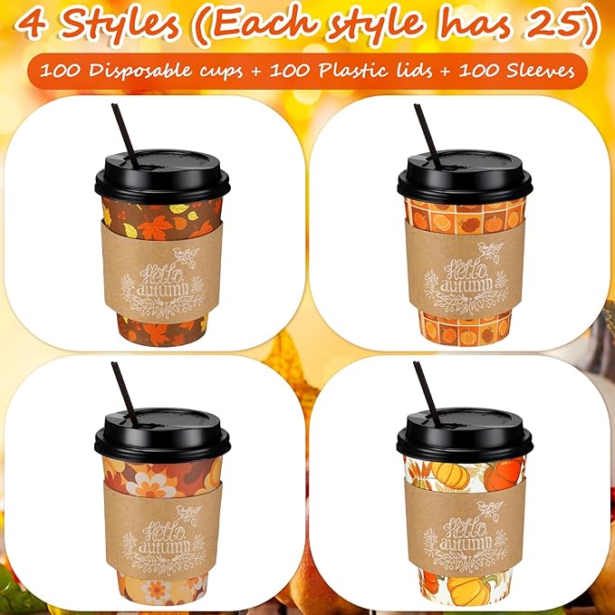 Lallisa 100 Sets Fall Thanksgiving Coffee Cup Bulk with Lid Disposable 12 oz Fall Hot Cups Paper and Sleeves Straws, Autumn Drinking Supplies for Holiday Party(Classic Style)