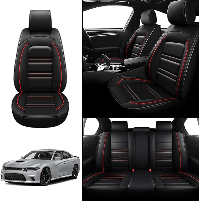 Seat Covers for Dodge Charger 2006-2023 | 5-Seats Leather Seat Covers, Easy to Install Automotive Seat Covers Full Set (Full Set, Black&Red Line)