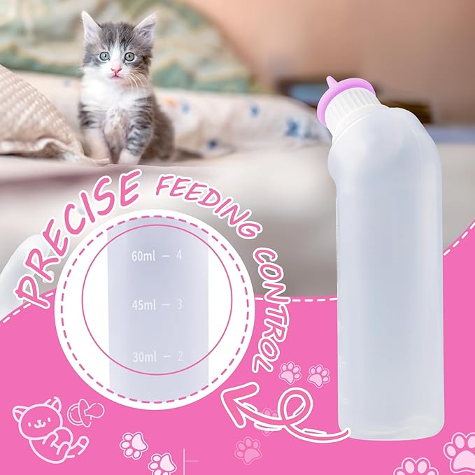 5Pack Kitten Bottle for Nursing Puppy Milk Kitten Bottles Feeding Kit Silicone Nipple for Newborn Pets Kittens, Puppy,Squirrel (Pink)