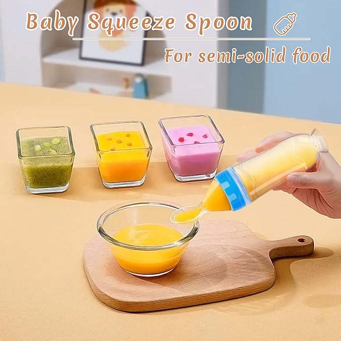WAJIAYON Baby Food Feeder 4 Pack Silicone Baby Food Dispensing Spoon-3 oz Squeeze Feeding Spoons with Suction Cup for Boys Girl Kids Toddlers - Self Feeding Bottle Spoon-Blue