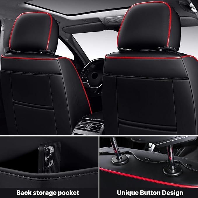Universal Leather Seat Cover for Cars - Front and Rear Auto Protector, Wear-Resistant Cushion for 5 Seats With Headrest (Black & Red)