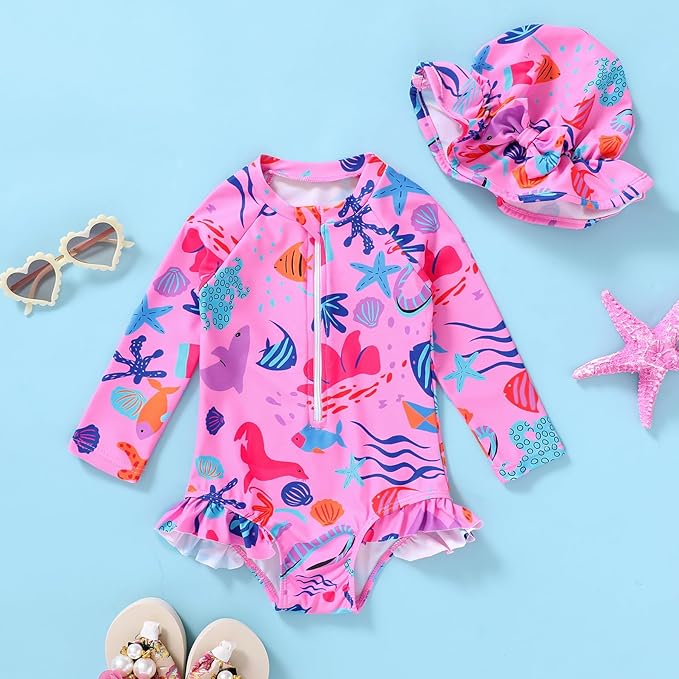 Infant Baby Girl Swimsuit One-Piece Long Sleeve Rash Guard with Hat Set Floral Zipper Bathing Suit Leopard Beach Wear