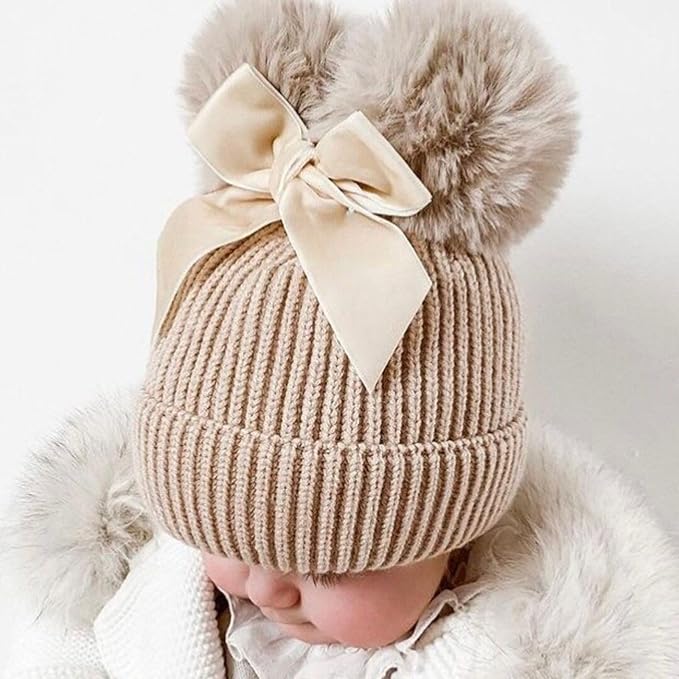 Personalized Toddler Beanie Hat with Bow - Custom Winter Pom Pom Beanies - Leater Patch Baby Warm Knit Hats