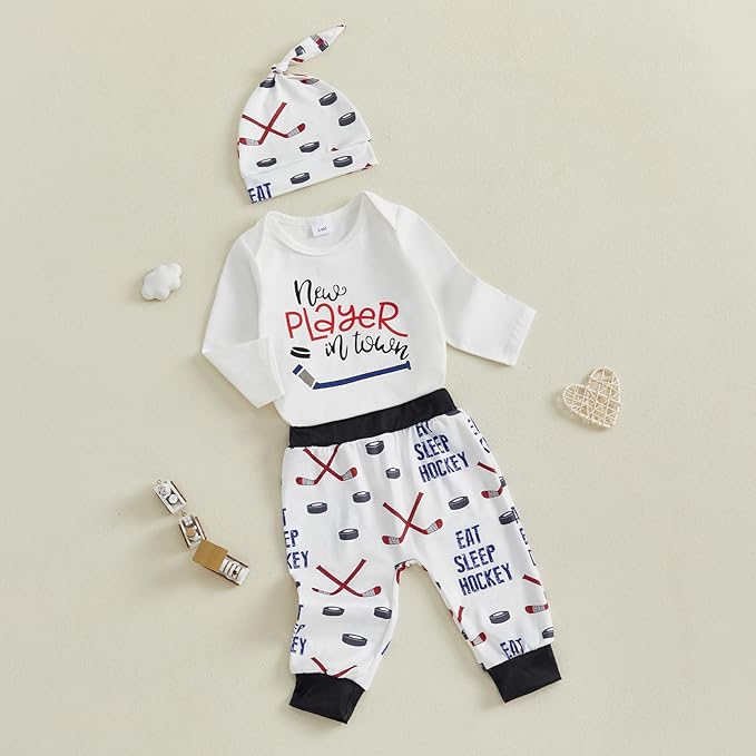 Baby Boy Hockey Outfit New Player in Town Long Sleeve Romper Long Pants Hat Set 3Pcs Newborn Fall Winter Clothes