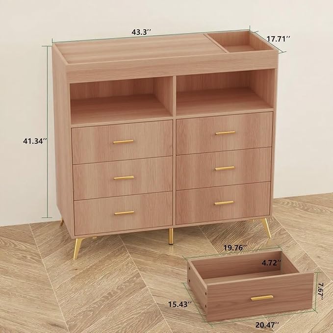 GarveeHome Dresser for Bedroom with 6 Drawers, Baby Changing Table Dresser with Changing Pad, LED Lights & Charging Station, Baby Changing Station with Changing Table Top