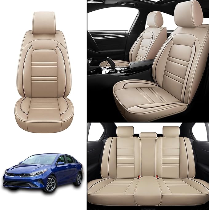 Seat Covers for kia Forte 2010-2024 | 5-Seats Leather Seat Covers, Easy to Install Automotive Seat Covers Full Set (Full Set, Beige)