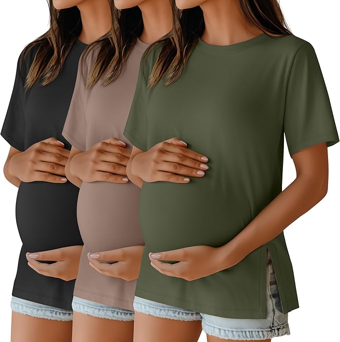 Ficerd 3 Pack Women's Maternity T Shirts, Short Sleeve Side Split Pregnancy Tops Casual Crew Neck Pregnant Tees Mama Clothes
