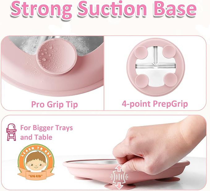 Stainless Steel Suction Plates for Toddlers, 9" Divided Kids Baby Plates with Removable Silicone Suction, Non Toxic Non Slip Portion Control Snack Dishes 3 Packs, Pink Beige Lilac