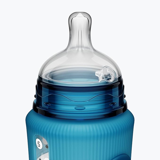 Smilo Baby Bottle Set with Stage 0 Slow Flow Anti Colic Nipple, 10 Oz / 300 ml Capacity, 3X Pack of Anti Colic Baby Bottles 0-3 Months - Aqua Blue