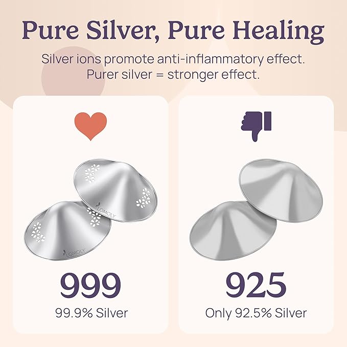 Silver Nipple Covers Breastfeeding: Pure 999 Silver Nipple Shield | Silver Nursing Cups w/Breast Shields, Hands-Free Breast Pump (Silver, L - 1.8x0.6)
