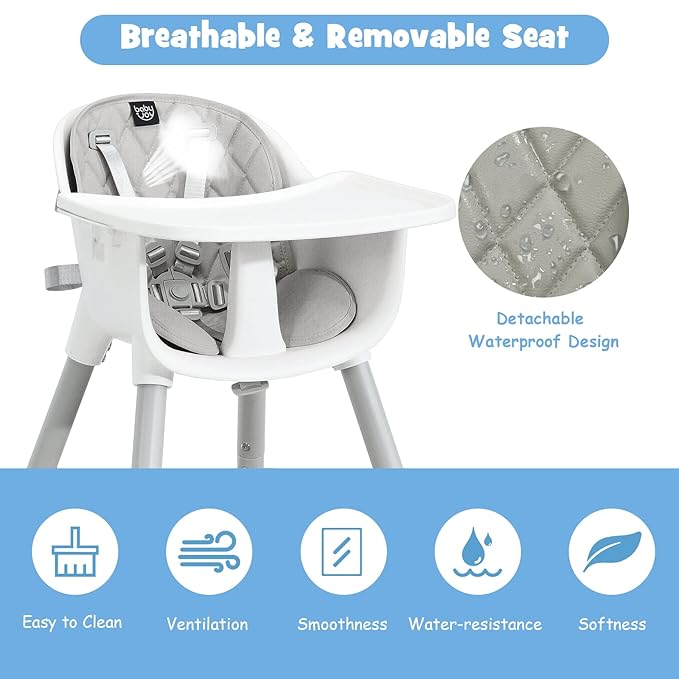 BABY JOY High Chair, 5 in 1 Convertible Highchair for Babies & Toddlers | Booster Seat | Table and Chair Set | Infant Feeding Chair with Removable Tray, Safety Harness, Removable Cushion (Gray)