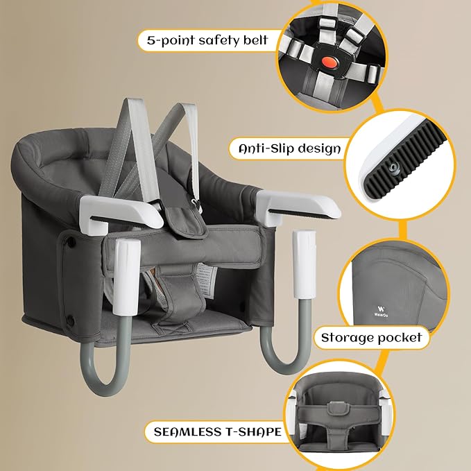 Hook On High Chair Portable & Foldable for Babies 6-36 Months Attach to Fast Table Clip On High Chair with Travel Bag - Compact Baby Feeding Seat for Home Dining & Travel (Grey)