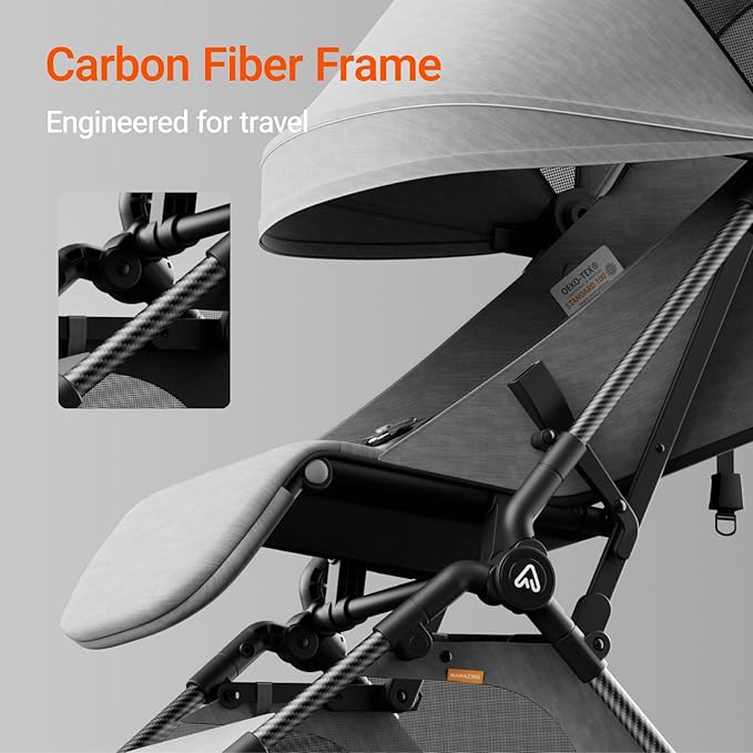 MAMAZING Lightweight Baby Travel Stroller with Carbon Fiber Frame, Compact & Airplane-Friendly, One-Handed Folding Design, 11.6 lbs, Perfect for Toddlers, Organizer & Cushion Included, Grey