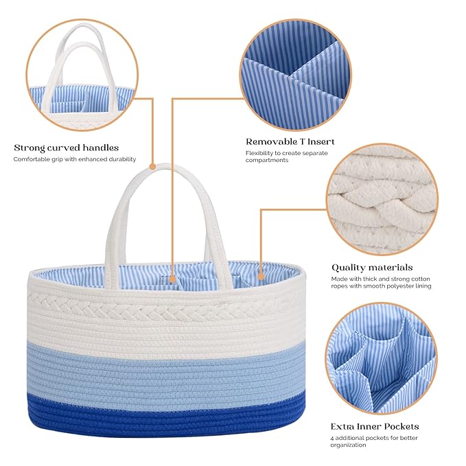Baby Diaper Caddy Organizer, Extra Large Cotton Rope Nursery Diaper Basket, Changing Table Organizer, Portable Tote Bag with Divider, Car Storage, Baby Shower Gifts for Newborn Boys - Blue