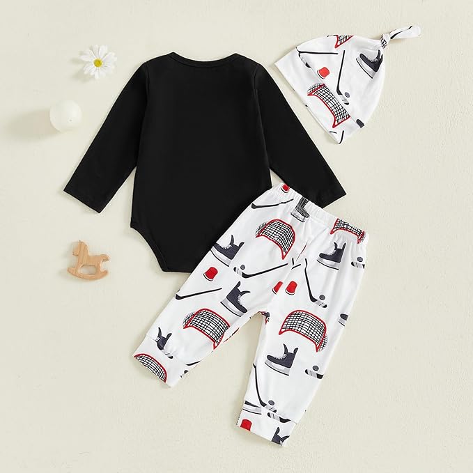 Baby Boy Hockey Outfit New Player in Town Long Sleeve Romper Long Pants Hat Set 3Pcs Newborn Fall Winter Clothes
