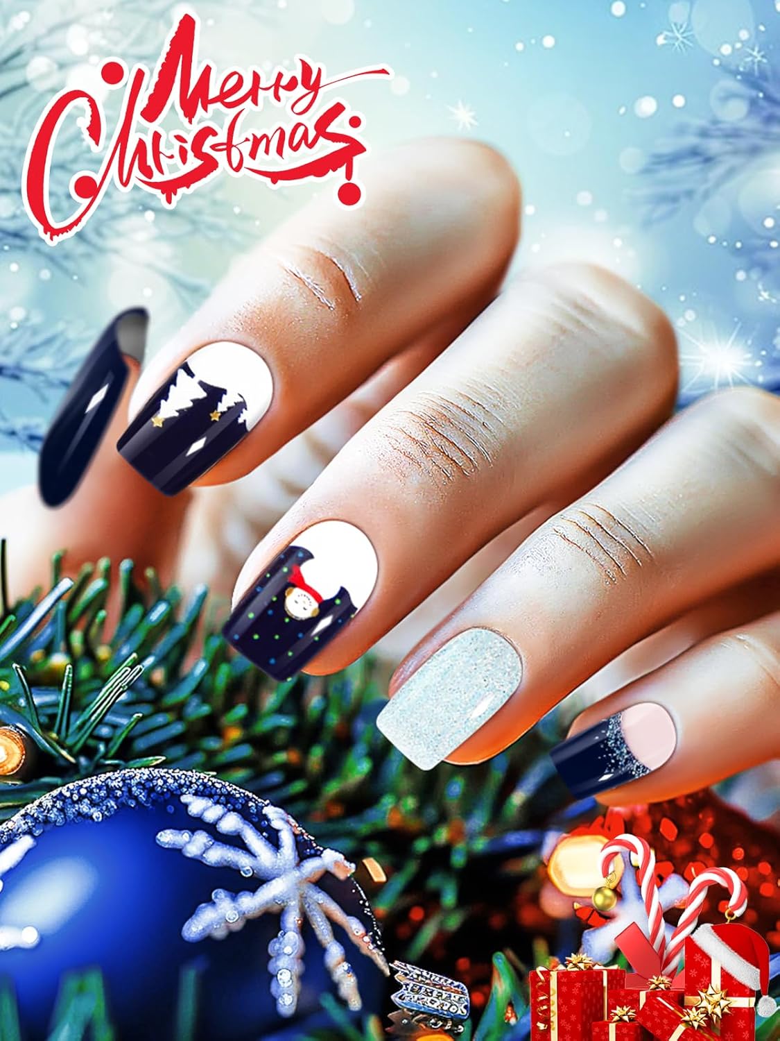 EBANKU 24PCS Christmas Semi-Cured Gel Nail Strips, Snowman Snowflakes Adhesive Gel Nail Art Sticker, Waterproof Gel Nail Wrap Stickers with Nail File and Stick