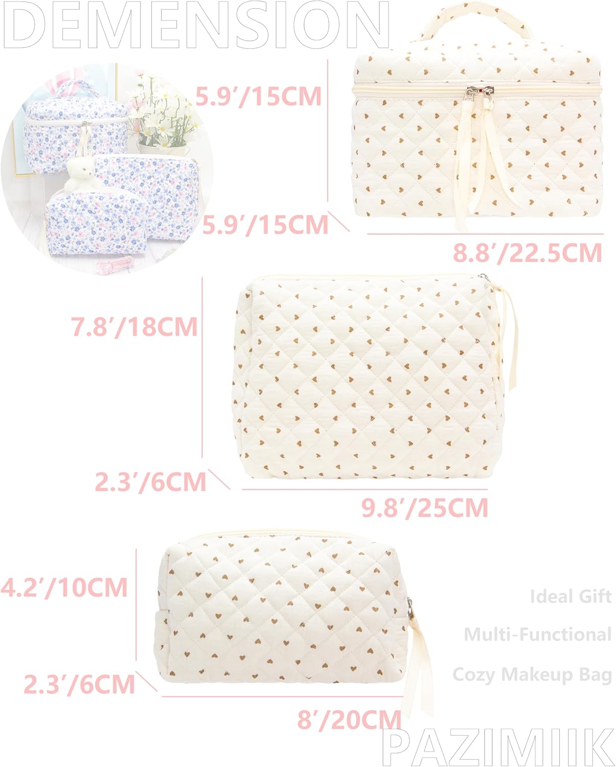 PAZIMIIK 3PCS Makeup Bag SET Large Travel Quilted Zipper Soft Cosmetic Case Pouch for Women Girls Make Up,Gauze Heart Coffee