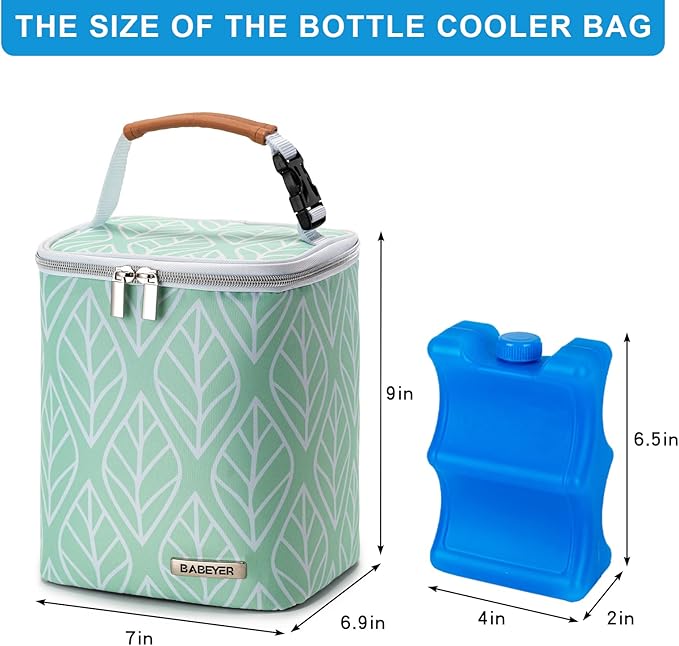Breast Milk Cooler Bag with Ice Pack Fits 4 Baby Bottles Up to 9 Ounce, Baby Bottle Bag for Nursing Mom Daycare-Green