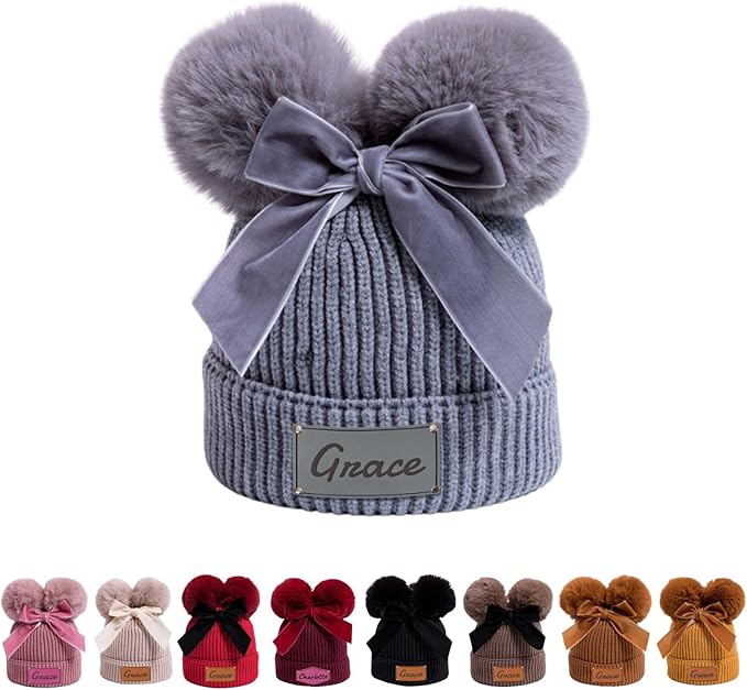 Personalized Toddler Beanie Hat with Bow - Custom Winter Pom Pom Beanies - Leater Patch Baby Warm Knit Hats