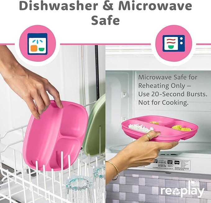 Re-Play Toddler Plates with Dividers - Deep-Walled 3 Compartments Divided Plates for Kids with 3 Lids - Dishwasher & Microwave Safe - Made in USA - Set of 3-7.37" x 7.37" x 1.25" - Sparkle