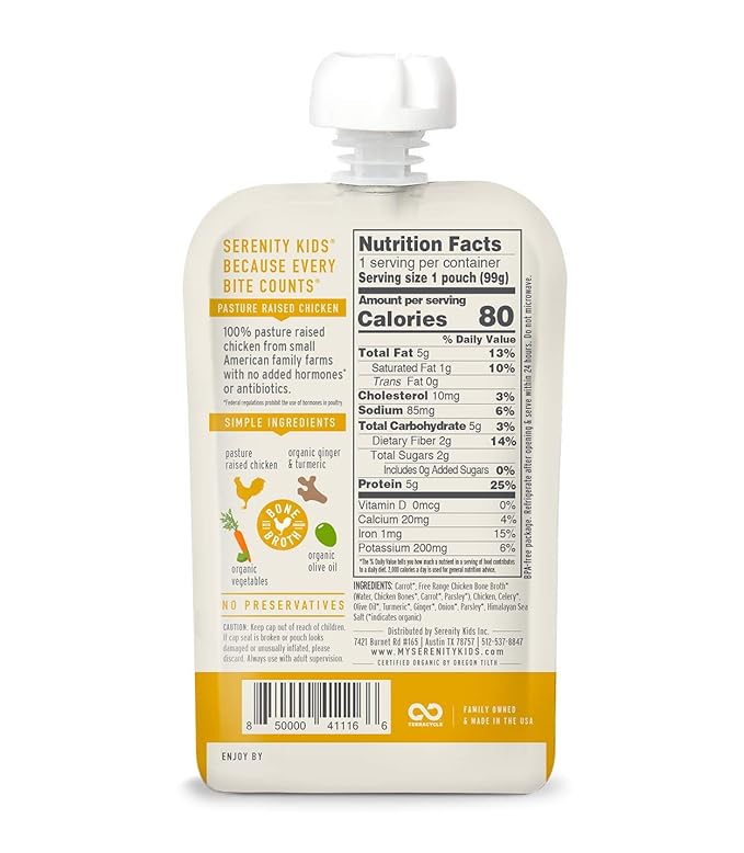 Serenity Kids Organic Turmeric Chicken Bone Broth Made with Organic Veggies - BPA-Free Puree Baby Food Pouches with Pasture-Raised Chicken & Veggies - Savory Flavor - 3.5 Oz, 6 Pack
