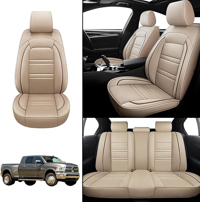Seat Covers for Dodge ram 3500 2004-2011 | 5-Seats Leather Seat Covers, Easy to Install Automotive Seat Covers Full Set (Full Set, Beige)
