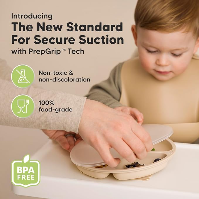 KeaBabies Suction Plates with Lids for Baby - 3-Pack 100% Silicone Toddler Plates with Suction, Divided, BPA-Free Baby Led Weaning Essentials for Kids, Dishwasher, Microwave Safe, Durable (Slate)