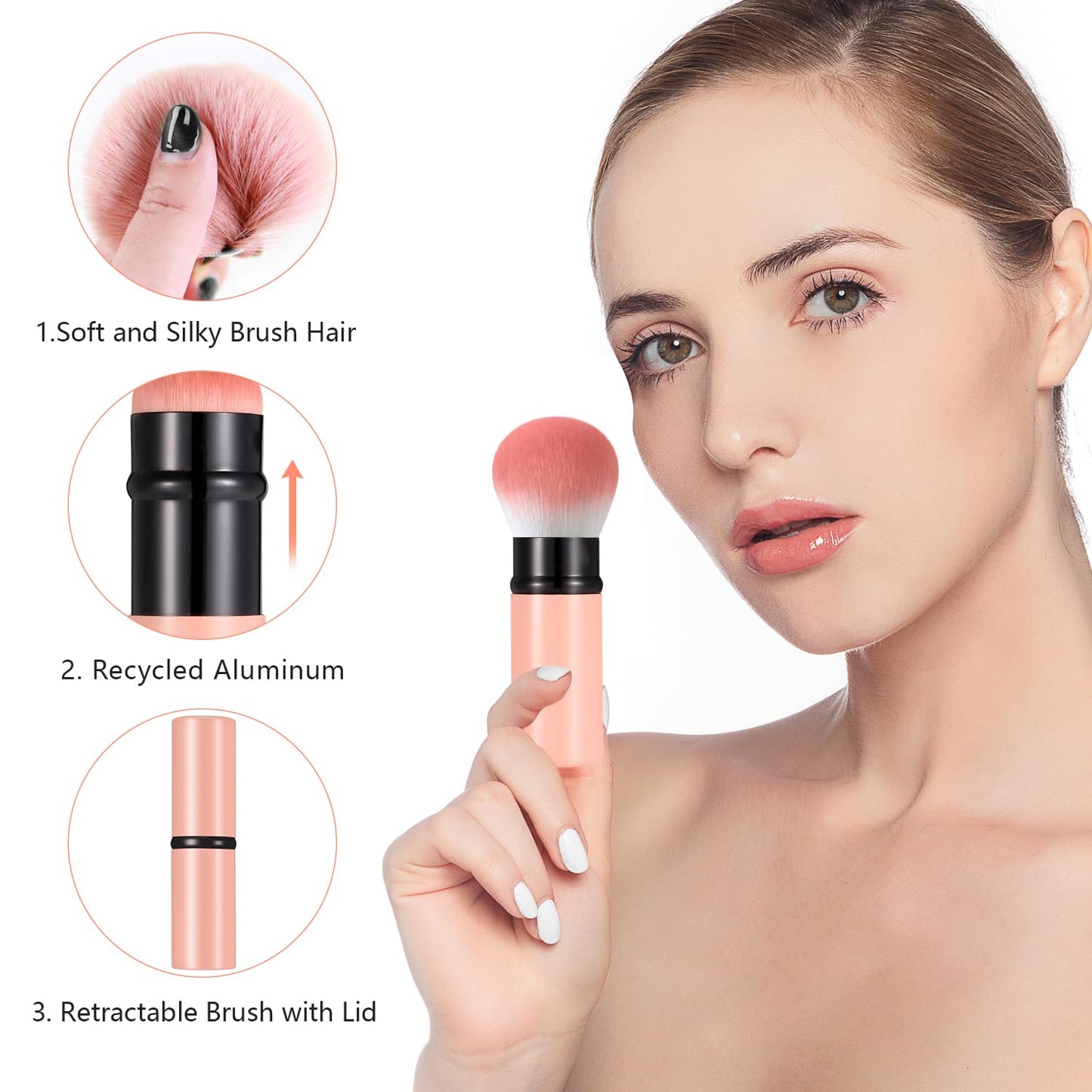 Falliny Retractable Makeup Brush, Travel Powder Brush Face Blush Brush, Portable Kabuki Makeup Brush with Cover for Blush, Sunscreen,Bronzer, Buffing, Flawless Powder Cosmetics