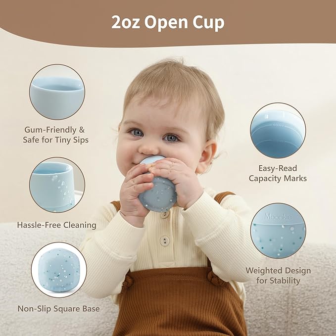 Moonkie Silicone Baby Cup 4 Months+ | Tiny Open Training Cup for Infants with Confetti Sprinkles | Baby-Led Weaning Essential | 2 oz (Soft Lilac, 1 Pack)