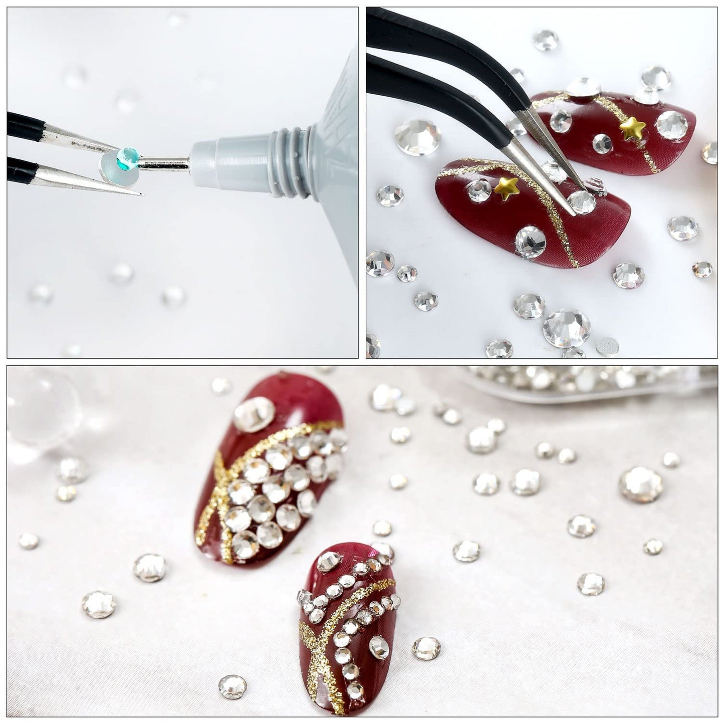 4240Pcs Dark Red Flatback Rhinestones 6 Sizes Crystal Diamonds for Nail Art Crafts Clothes Shoes with Tweezers and Picking Pen