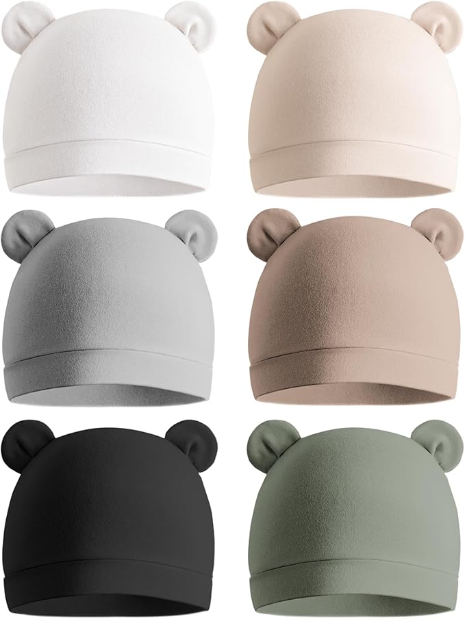 Konssy 6-Pack Baby Newborn Hats with Bear Ears Baby Beanie Hats - Soft Caps for Infant Boys & Girls, 0-3 Months
