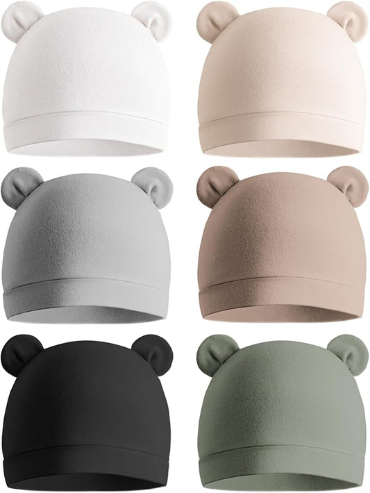 Konssy 6-Pack Baby Newborn Hats with Bear Ears Baby Beanie Hats - Soft Caps for Infant Boys & Girls, 0-3 Months