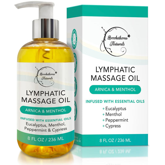 Lymphatic Drainage Massage Oil for Massage Therapy | Premium Quality, 100% Natural with Arnica Eucalyptus & Menthol | for Post Surgery Recovery & Detox | 8oz by Brookethorne Naturals