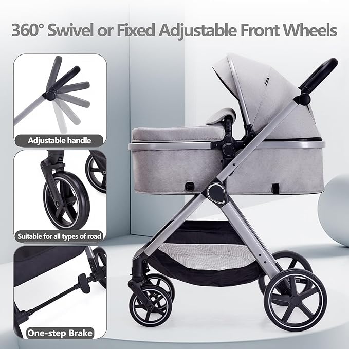 2 in 1 Baby Stroller, Newborn Infant Toddler Convertible Pram Stroller for 0-36 Months Old Babies (Grey)