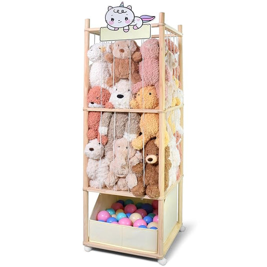 Stuffed Animal Storage with Tiny Toys Tray, Wood Stuffed Animal Zoo Storage with Brake Wheels, Space-Saving Plushie Playhouse for Nursery, Playroom, Kids Bedroom- Easy Assembly