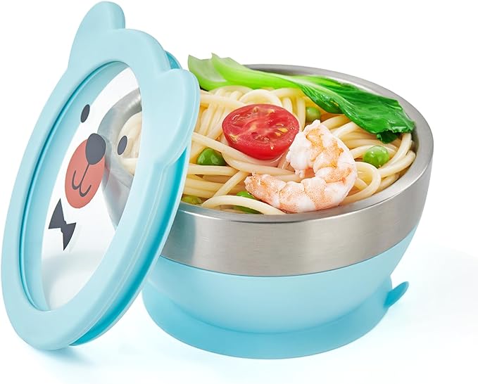 Suction Bowl and Spoon Set for Babies and Toddlers Non-Slip Silicone Suction Cups, Advanced 304 Stainless Steel Bowls, Double-Layer Insulation, and BPA-Free Lids Food-Grade Safety BLUE