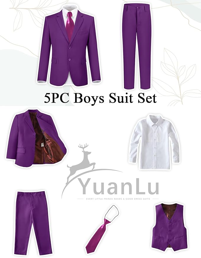 YuanLu Boys Suit for Kids Tuxedo Wedding Ring Bearer Outfit, 5 Piece Boy Slim Fit Formal Suits with Adjustable Waist