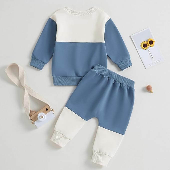 Kupretty Toddler Baby Boy Fall Winter Clothes Color Block Long Sleeve Sweatshirt Pullover Tops + Joggers Pants Outfit Set