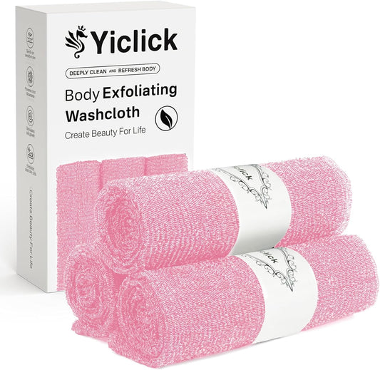 Yiclick Exfoliating Washcloth Towel [3 Pack], Japanese Exfoliating Bath Wash Cloth for Body Exfoliation, Korean Back Scrubber Washer for Shower, African Net Sponge Brush Loofah Exfoliator (Pink)
