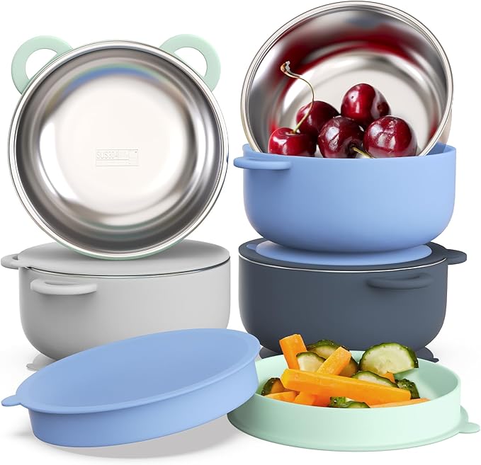 Baby Suction Bowls with Lids 4-Pack, 2-in-1 Stainless Steel 304 Toddler Bowl & Removable Silicone Suction Kids Bowl Plate Set Non Toxic Snack Dishes for Self-Feeding, Ocean Explorer Set