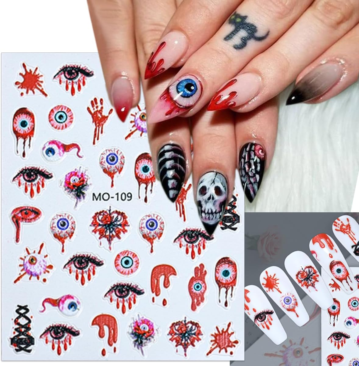 Halloween 5D Embossed Spooky Nail Art Stickers - Horror Eye, Pumpkin, Gothic Self-Adhesive Design Decals - Skeleton, Ghost, Blood Drops, Skull Supplies for Women Manicure