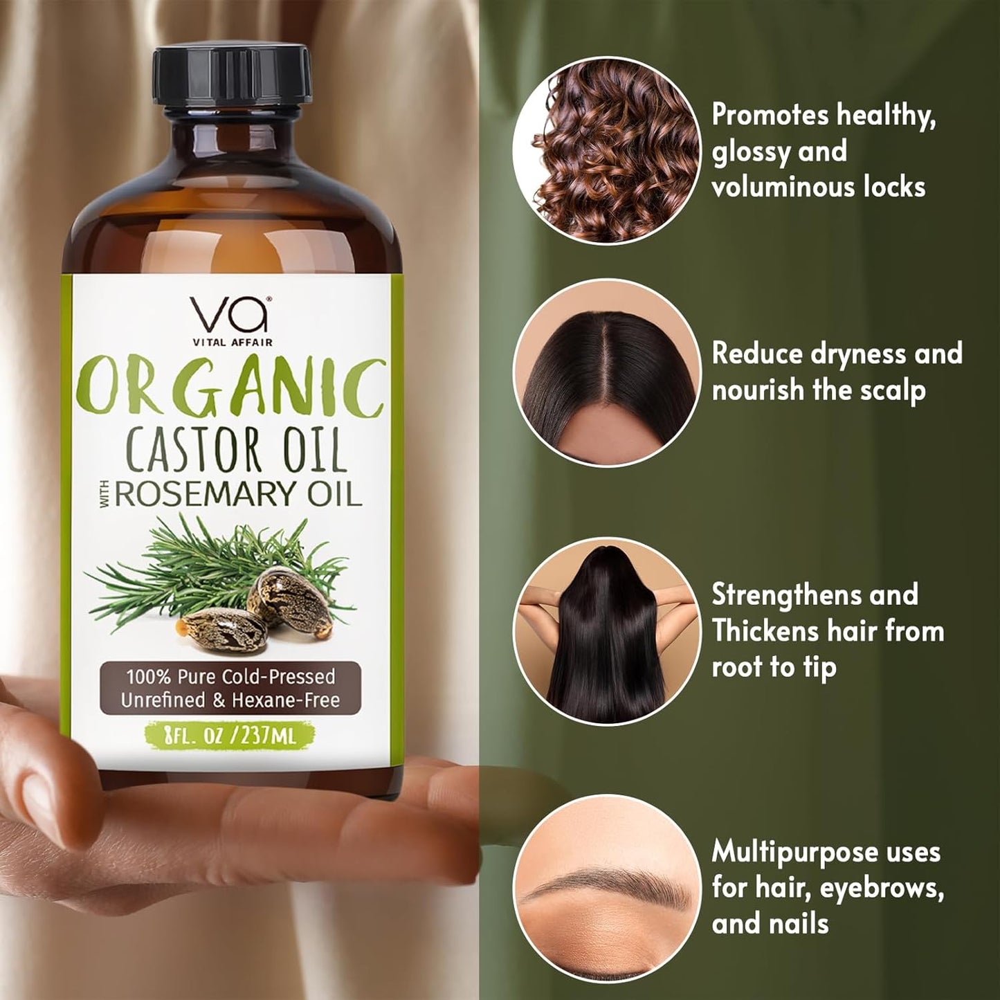 Organic Castor Oil With Rosemary Oil For Hair Growth - 100% Pure Rosemary Hair Oil With Pure Castor Oil Cold Pressed Unrefined Glass Bottle - Strengthening & Volumizing 8 Fl Oz