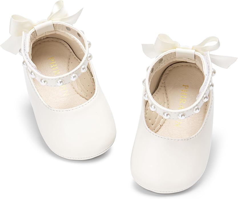 Baby Girls Mary Jane Flats - Infant Newborn Walking Shoes Soft Rubber Sole Princess Wedding