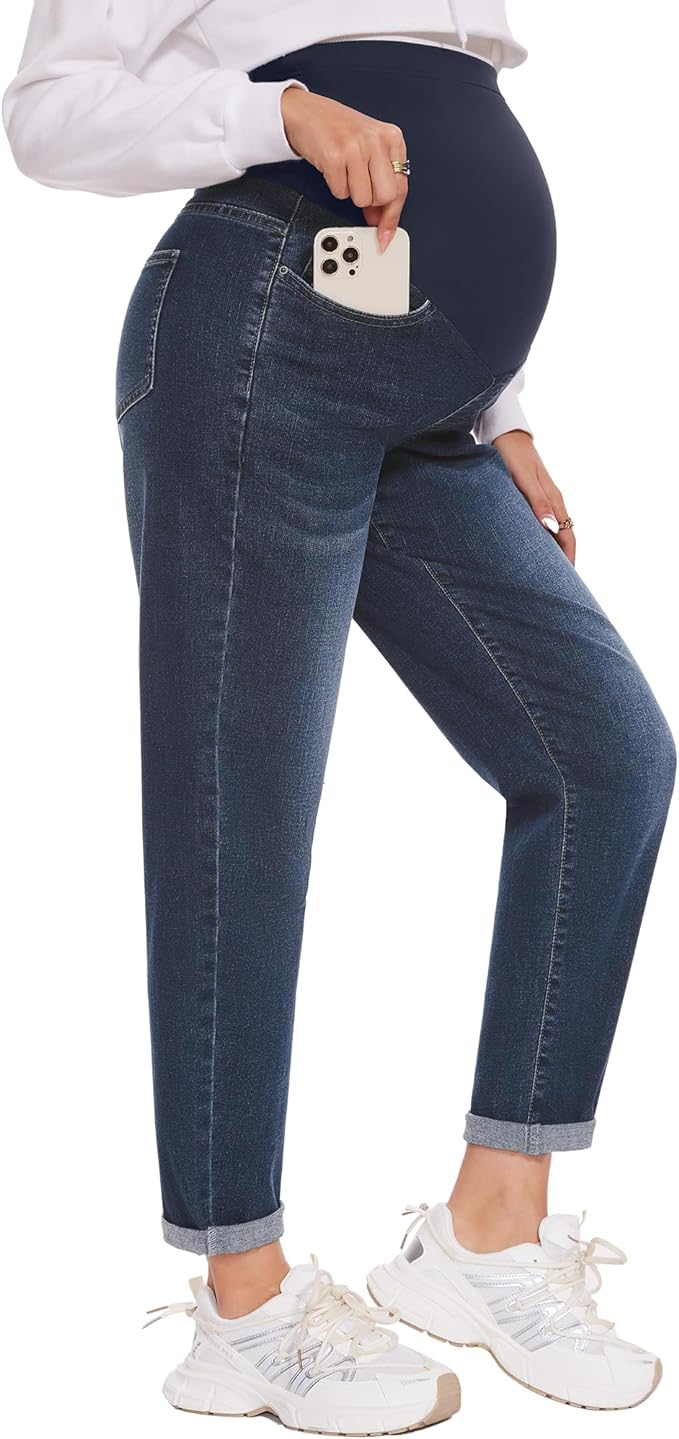 POSHGLAM Women's Maternity Jeans Over Belly Comfy Stretch 28'' Boyfriend Jeans Loose Pregnancy Pants, S-XXL