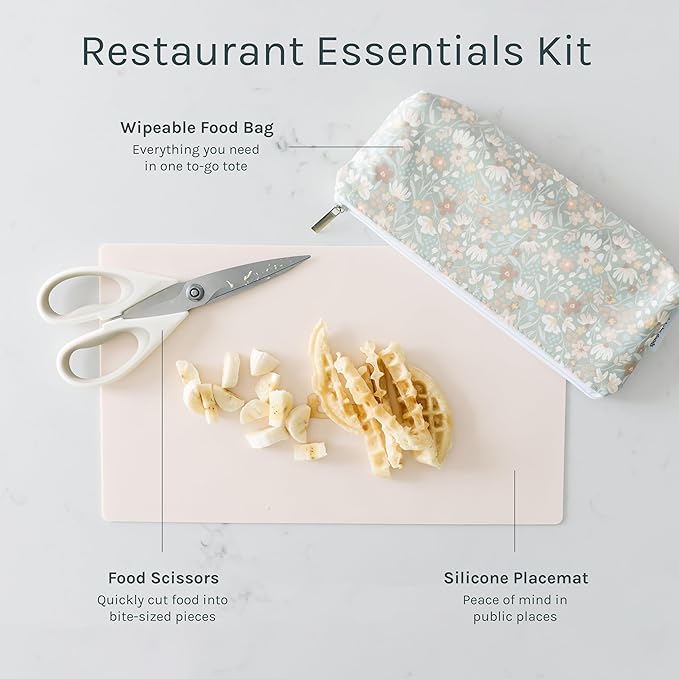 Yeah Baby Goods Toddler Restaurant Essentials Kit – Floral Baby Feeding Set w/Food Scissors, Silicone Placemat & Wipeable Zipper Tote