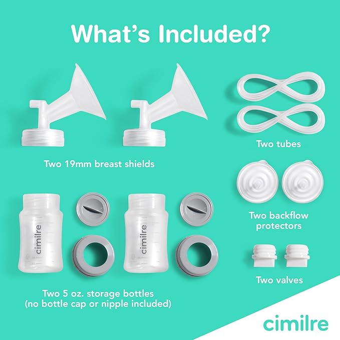 Cimilre 19MM Breast Milk Collection Kit, Double Pumping Breast Milk Collector Kit to Store Breast Milk, Includes Breast Shields, Valves, Backflow Protectors & Bottles