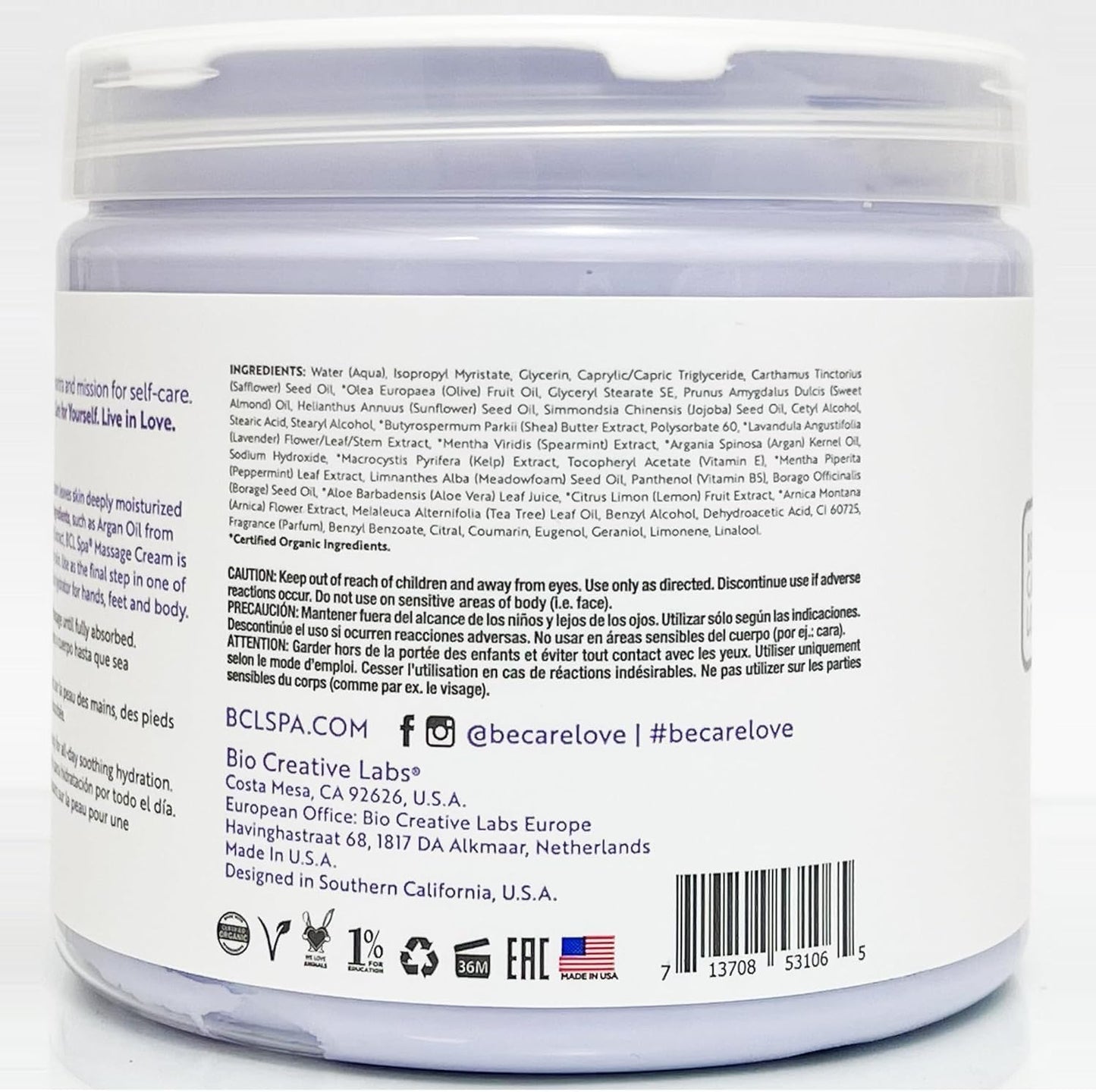 BCL SPA Massage Cream - Body Lotion & Body Cream with Organic Lavender + Mint, Shea Butter, Kelp, Arnica, Aloe Vera, Argan and Jojoba Oils - Calm, Moisturize and Soothe skin. Home/Pro Use 16 fl oz