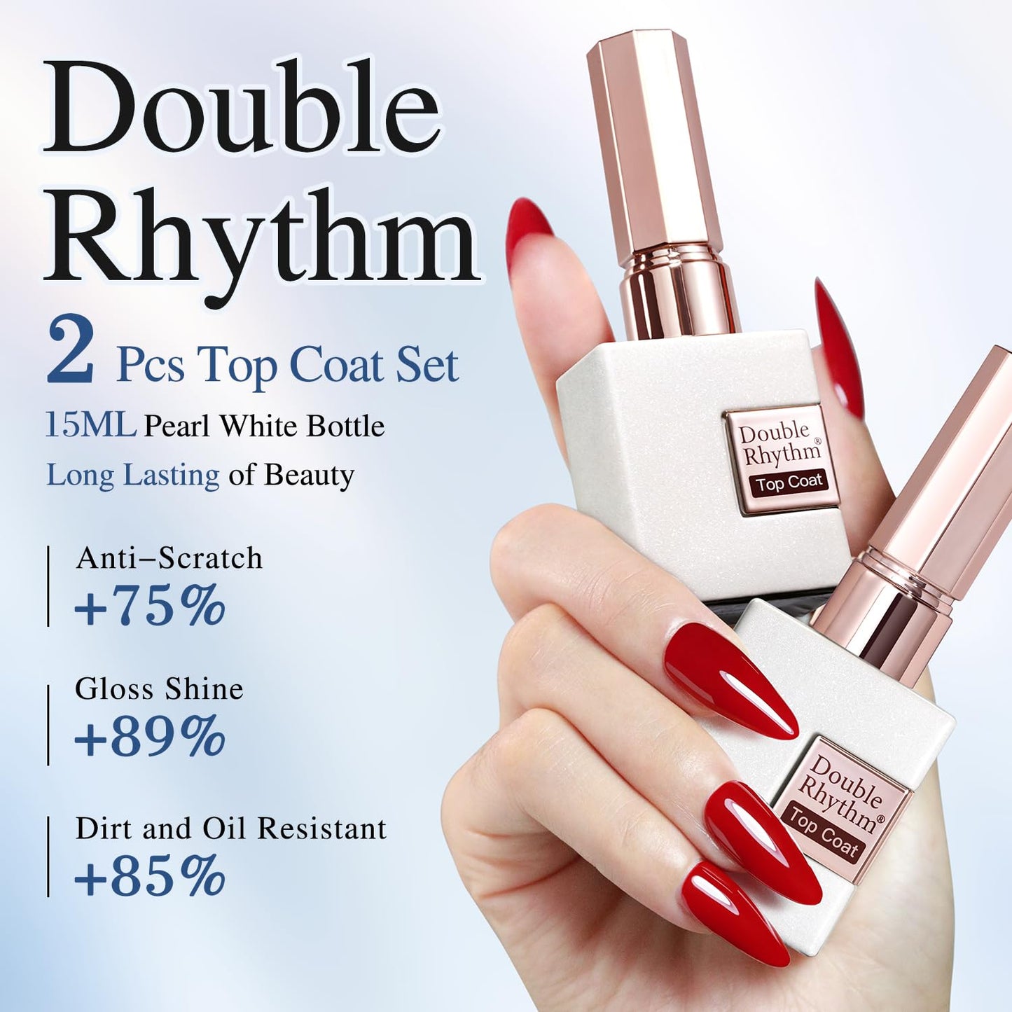 Double Rhythm 2 Pcs 15ML No Wipe Gel Top Coat and Base Coat Set Clear Glossy Gel Polish Kit Soak Off LED (2Pcs Top Coat)